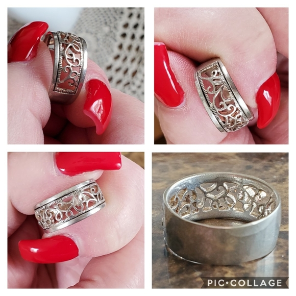 Sterling Silver Scroll Design Wide Band Ring 7.5 - Picture 4 of 6
